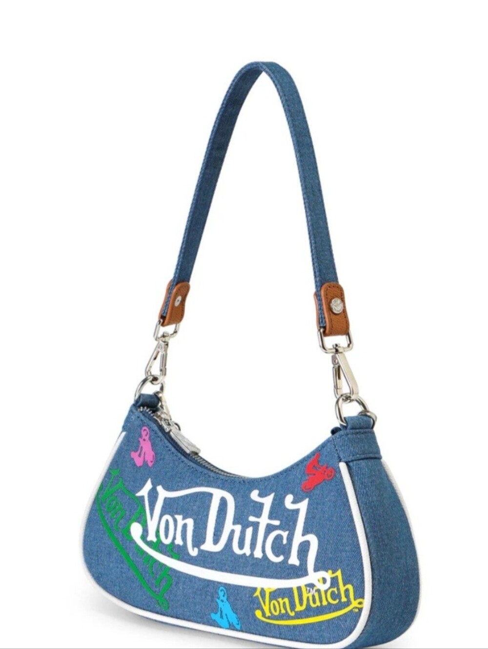 VON DUTCH Green & Yellow Multi-Logo Denim Shoulder Bag